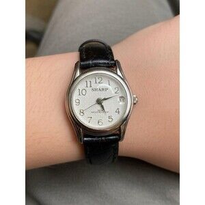 Vintage Sharp Womens Watch 24 mm Black Leather Quartz Easy Read With Date